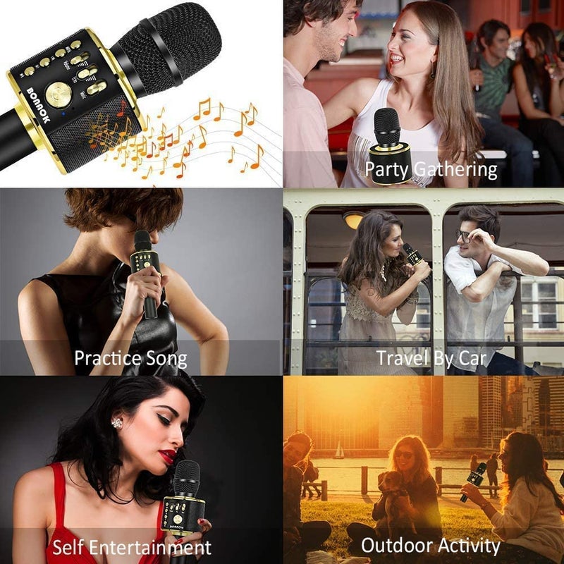 BONAOK Wireless Bluetooth Karaoke Microphone, 3-in-1 Portable Handheld Mic Speaker Machine for All Smartphones, Gifts to Girls Boys Kids Adults All Age Q37(Black Gold) - Image 5